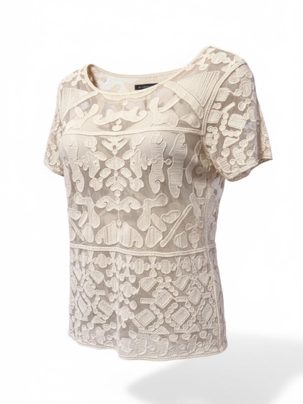 Ultra Pink Ivory Lace Sheer Blouse Short Sleeve Boho Size Medium